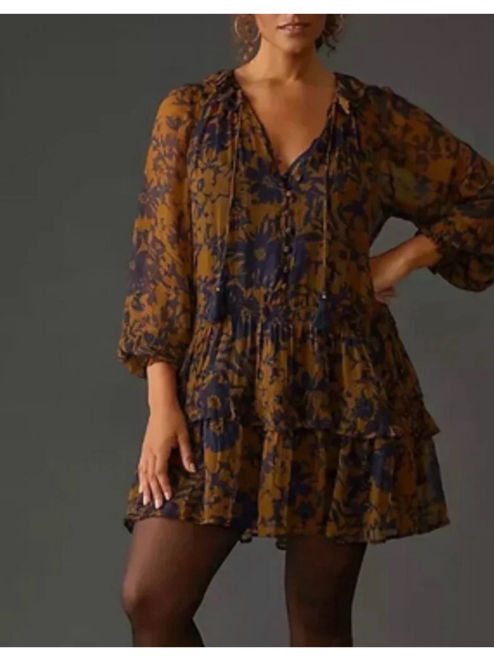 Anthropologie Navy & Mustard Floral Ruffle Dress